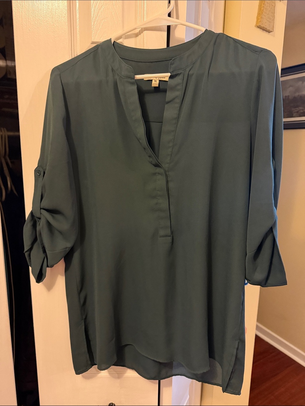 Emma & Olivia dark green Roll-Sleeve V-Neck Blouse